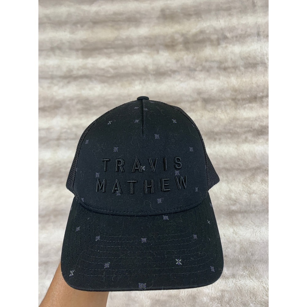 TravisMathew Mens Black Floral Embroidered Flexfit 110 Snapback Trucker Hat Cap